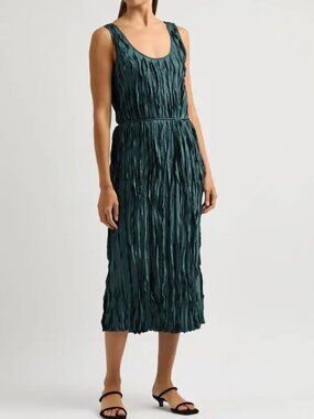 VINCE  Crushed Satin Tie-Waist  Midi-dress in Marine Stone NWT $495